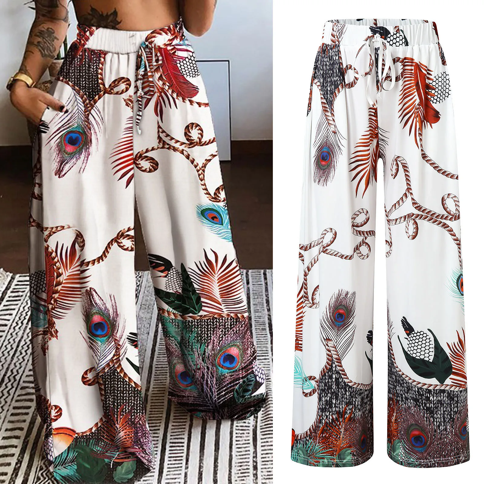 Autumn Wide Leg Long Pants Women Elastic High Waist Loose Pockets Trousers  Feather Flower Print Pantalones Boho Beach Pants - Pants & Capris -  AliExpress