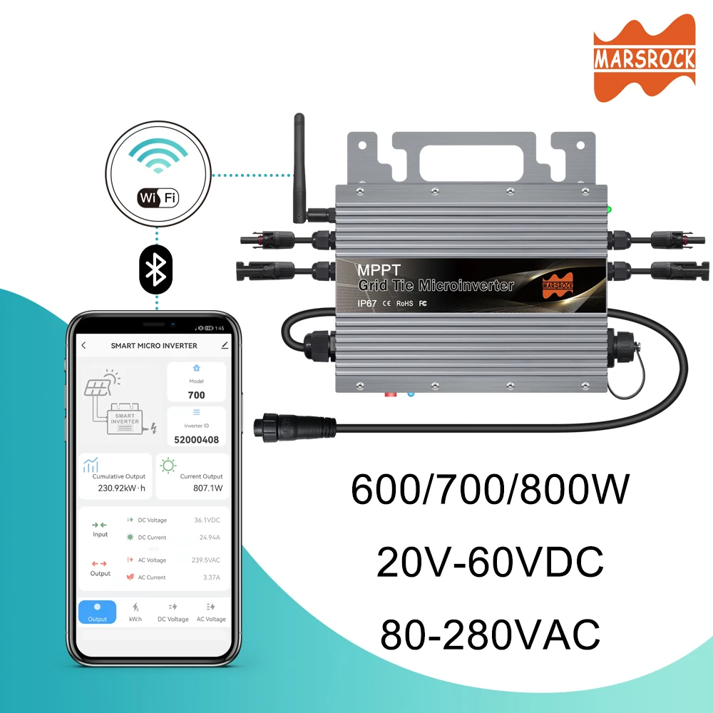 MARS ROCK 가정용 그리드 태양광 패널 전원 시스템용 마이크로 인버터, 700W 그리드 타이, 20-60VDC, WiFi MPPT, 110V 또는 220V