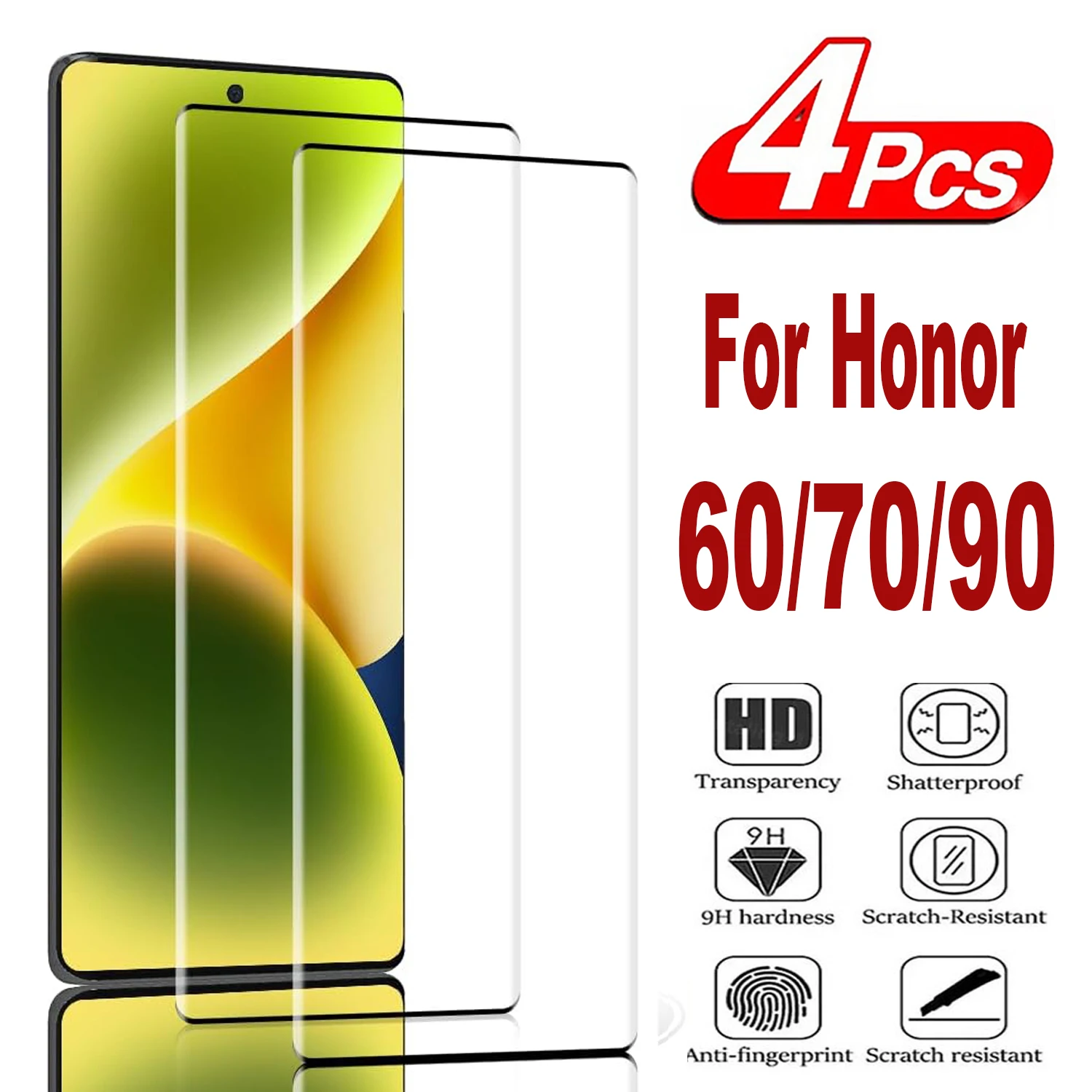 

2/4Pcs Tempered Glass For Huawei Honor 60 70 90 3D Curved Ultrasonic Fingerprint Screen Protector Glass