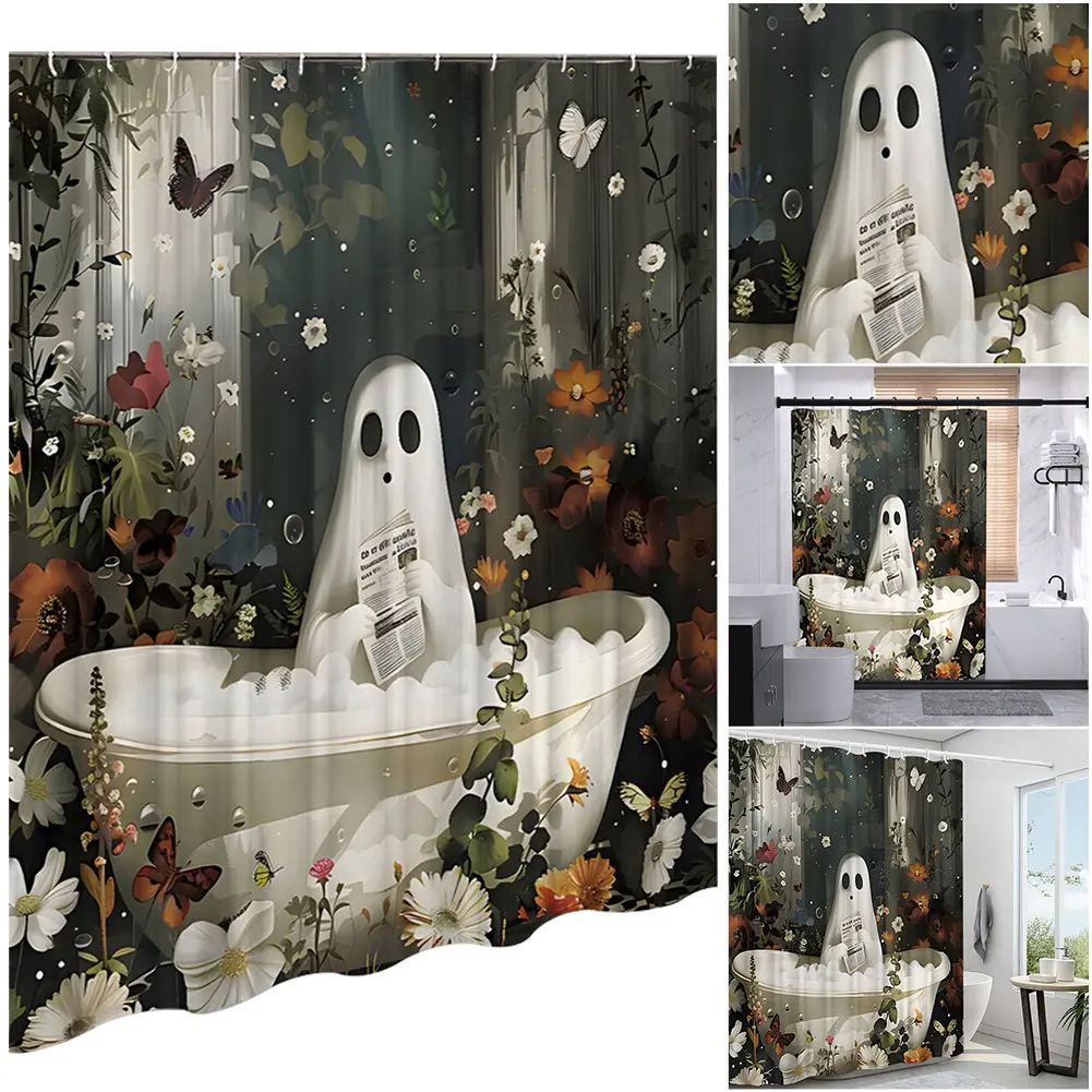 Cute Cartoon Ghost Halloween Bathroom Curtain Polyester Fabric Bathtub Curtain Spooky Bathroom Curtain for Bathroom Decorations