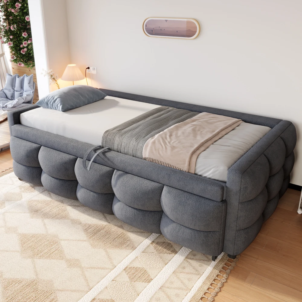 90/180x190cm Ausziehbares Schlafsofa, Samt-Puff-Stoff, umwandelbares Einzel-/Doppelbett, multifunktionales Tagesbett mit Tafel, platzsparende Couch (Matratze nicht enthalten) – Detail 5