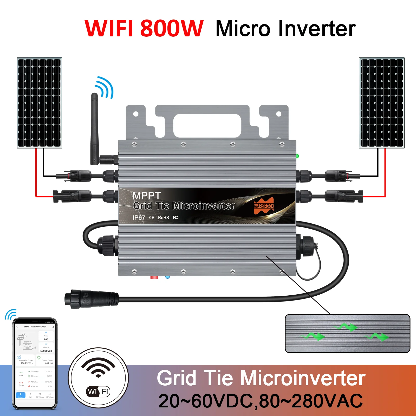 Solar Grid Tie Micro Inverter 800W 30A WIFI Control Solar Inverter Controller Car Identification DC To AC Solar Inverter 120 230V IP65 Waterproof Solar Power Inverter Grid Tie Inverter(Silver