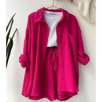 Summer Women's Suit Short Sets Outfits Muslin Suit For Women 2025 Two Piece Female Clothing Solid Button Outfits - Image 2