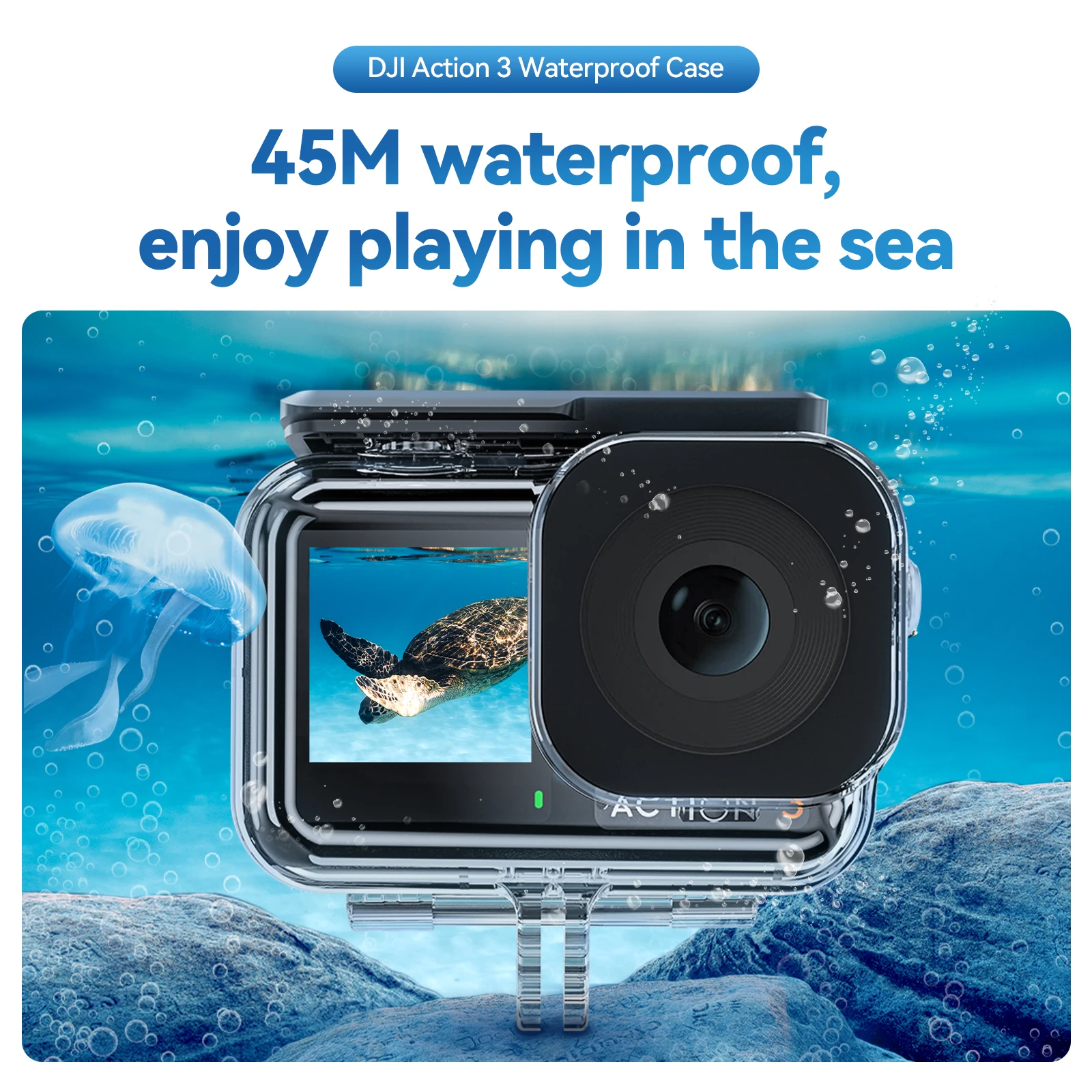 Protection sous-marine haute transparence pour DJI Action 3/4/5Pro, caisson étanche en PC transparent vu de côté.