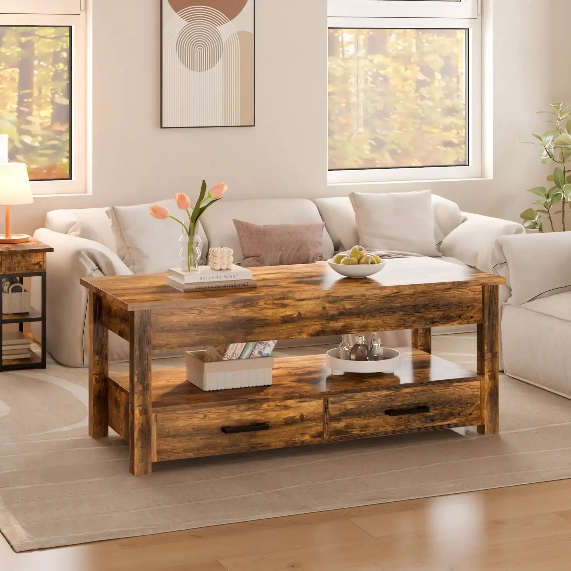 Lift Top Coffee Table with 2 drawers,Wooden Convertible Coffee Table with Storage for Living Room,center Table,Brown,42" 3