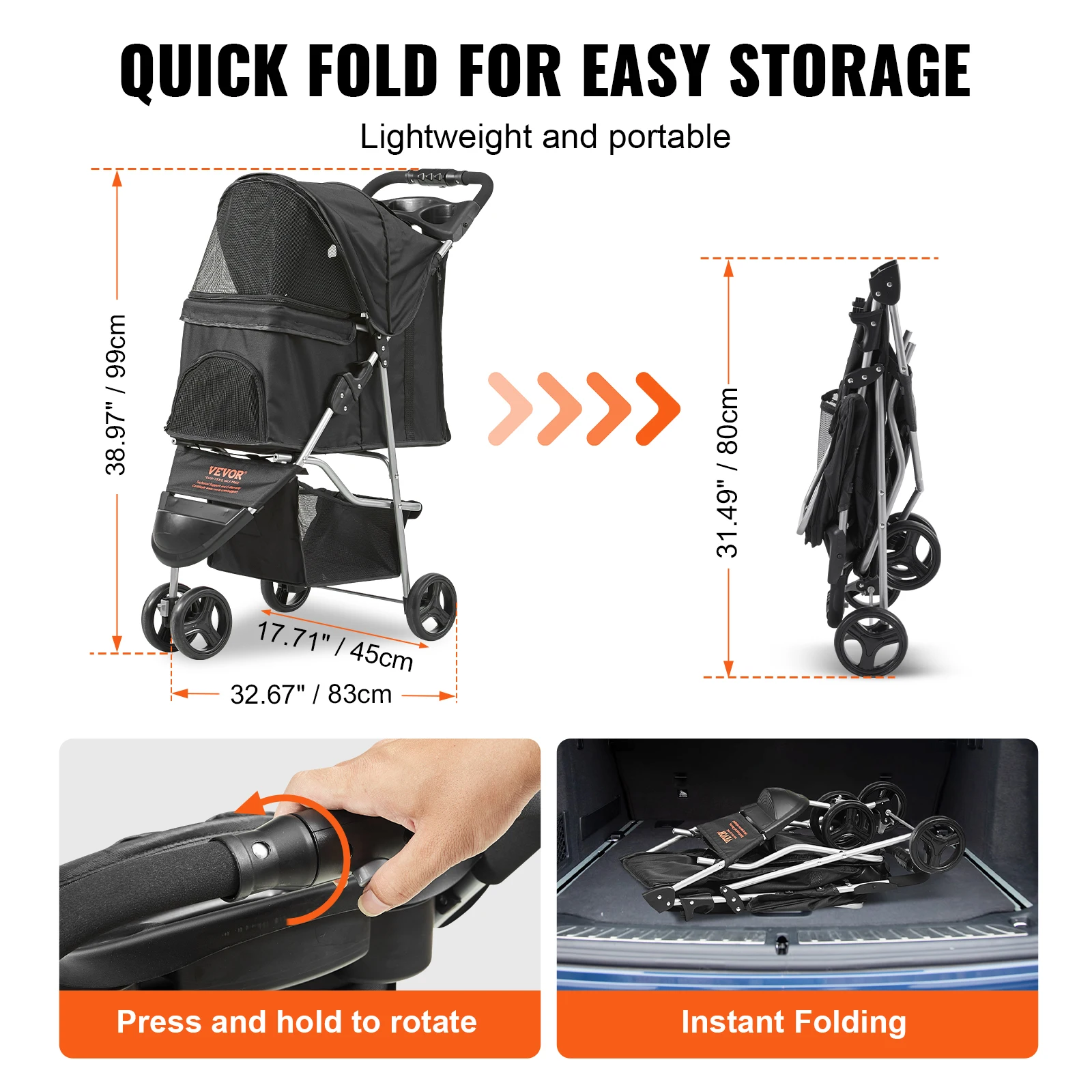 Vevor-Carrinho De Cachorro Com Pedal Frontal, 35lbs, 3 Rodas, Girar Preto, Pet Puppy, Cesta De Armazenamento, Suporte Para Copo Para Cães, Gato Viagem