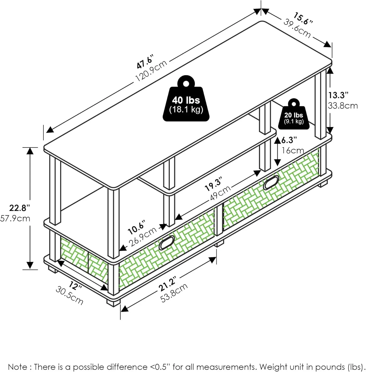 Jaya Large TV Stand for up to 55-Inch TV with Storage Bin, White/White/Black