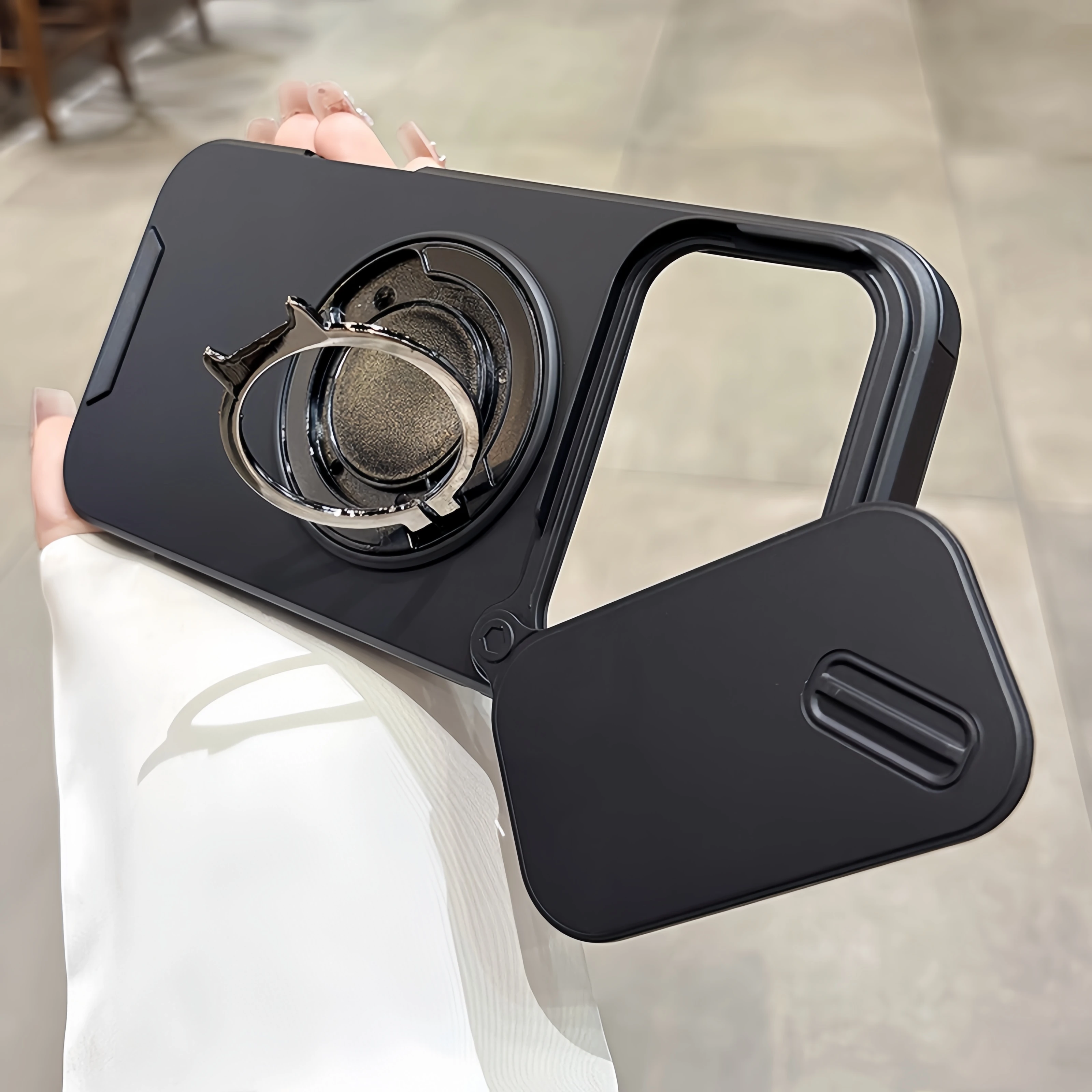 Luxury Heavy-Duty Armor Slide Camera Case with Magnetic Rotate Ring Holder