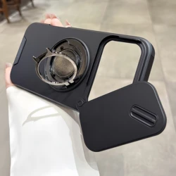 Luxury Heavy - Duty Armor Slide Camera Case with Magnetic Rotate Ring Holder - iPhone 14 Pro Max (Black)