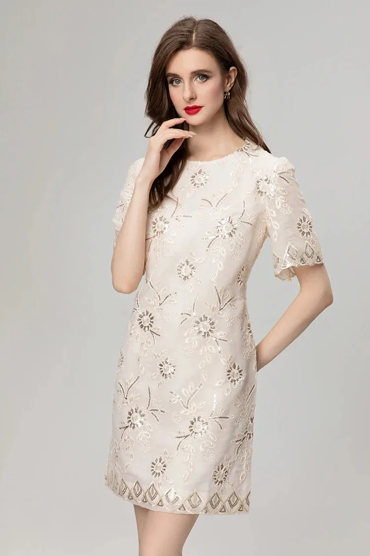 

Summer Fashion Runway Temperament Dress Women Vintage Gorgeous Floral Jacquard Zippers O-Neck Short Sleeve Dresses