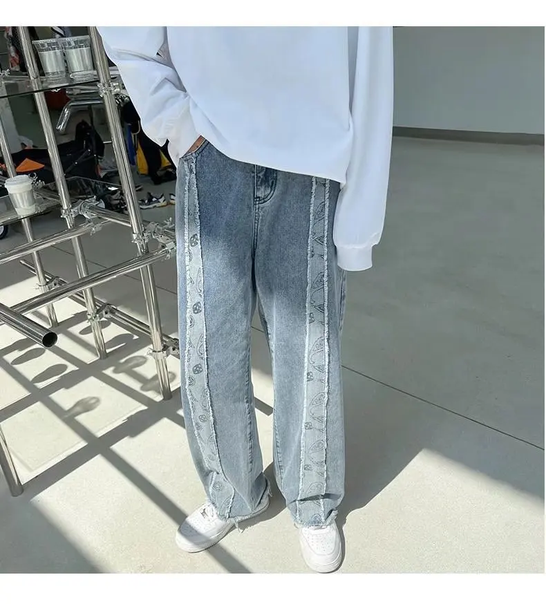 New Brand Men Pants denim jeans High Street Fashion Bandana Pattern Casual Unisex Loose Style Straight Leg Wide Long Trousers stretch jeans