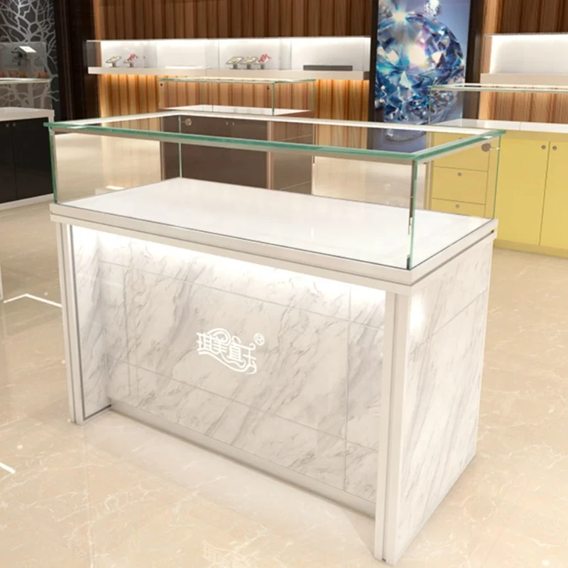 Customized product、luxury retail shop high end custom wood glass lock set round  cabinet jewelry display counter showcase for st