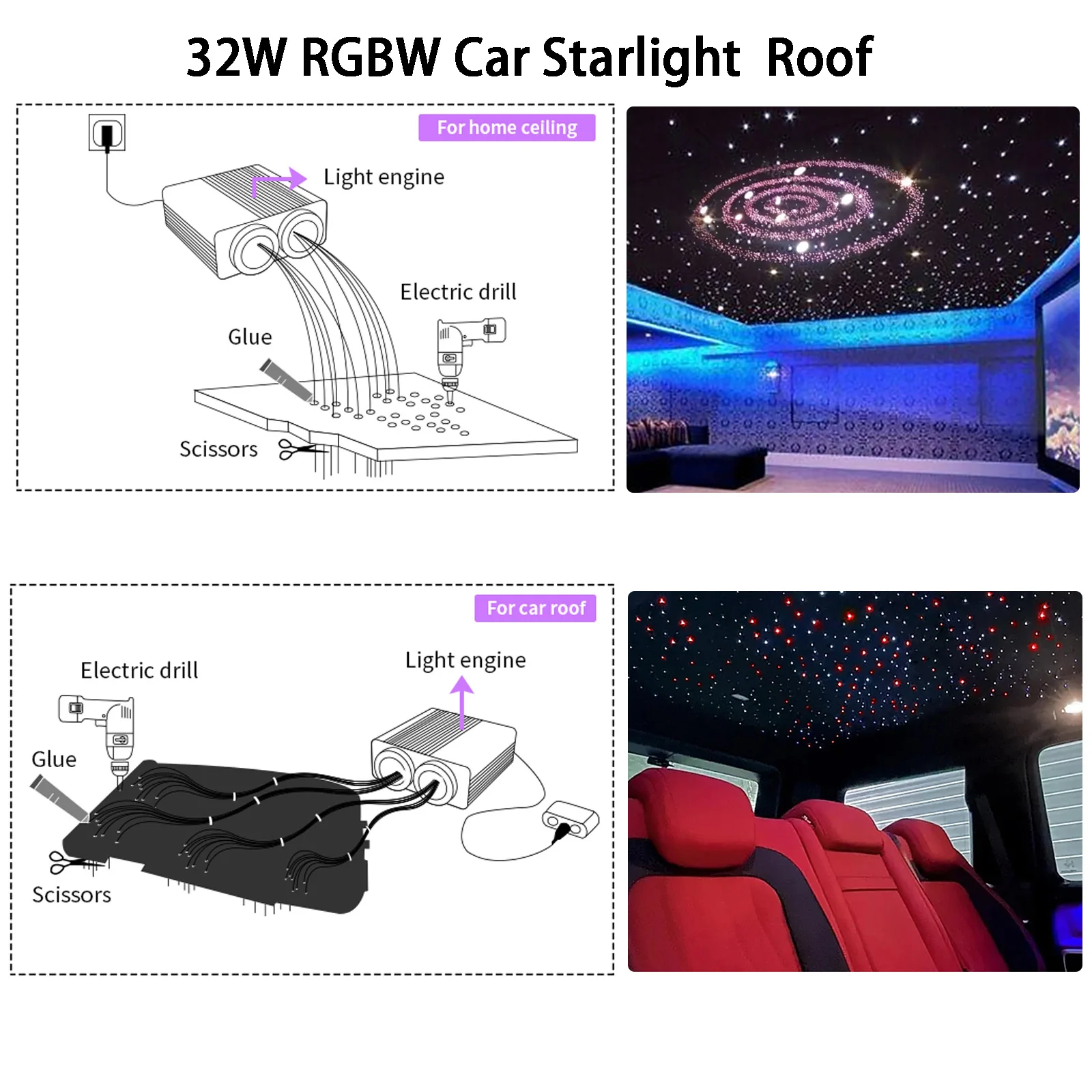 Dual color 32W RGBW LED Fiber Optic Light Double Head Fiber Optic Star Ceiling Light Kit Bluetooth App Car Roof Starry Sky