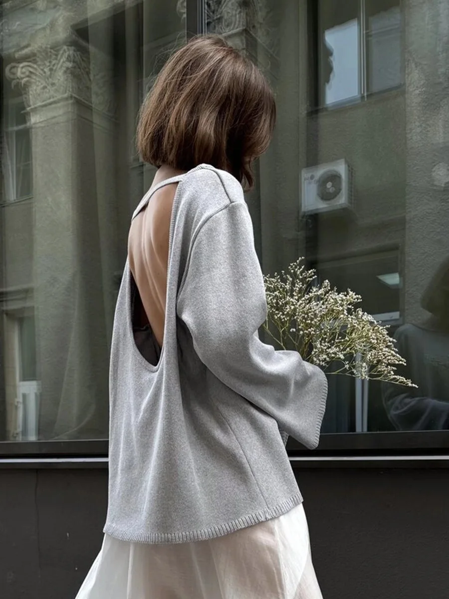 Bornladies New Women's Cotton Sweater Backless Design Loose Knit Pullover Jumper Autumn Winter Fashionable Commuting Sweater