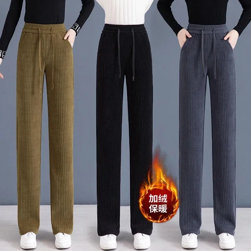 

Бархатные вельветовые брюки с высокой талией, женские прямые зимние плотные теплые брюки, повседневные спортивные брюки на шнуровке, мешковатые брюки