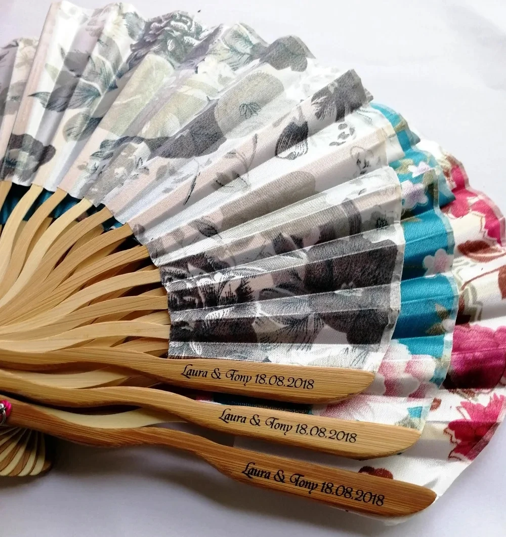 

100pcs Personalized/Customized Bamboo 100% Polyester Flower Blossoms Wedding Chinese Japanese Folding Fan With tassel+printing