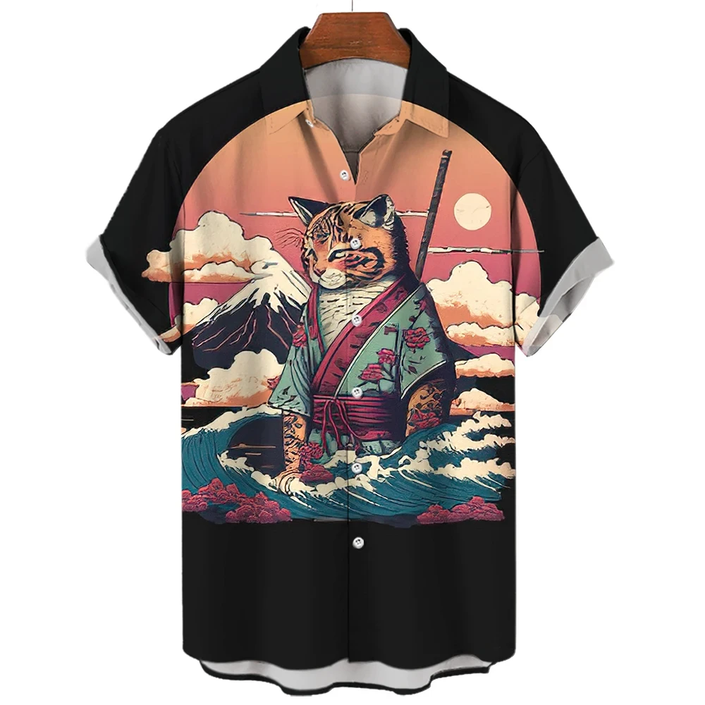 

Samurai Cat Anime Patterns Hawaiian Men Shirt Dazn Short Sleeve Tops 3D Printing Anime Pattern Casual Fashion Male Clothes