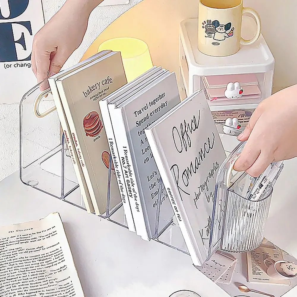 Divided Book Stand Clear Acrylic Bookends with Handle Desk Organizer Desktop Book Holder Desktop Sorting Rack Study Supplies