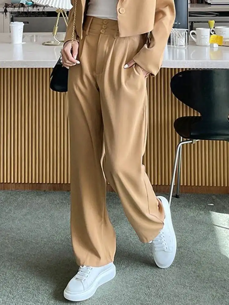 

ZANZEA 2023 Autumn Pleats Pantalons Women High Waist Pants Fashion Solid Color Long Trouser Casual Straight Side Pocket Bottoms