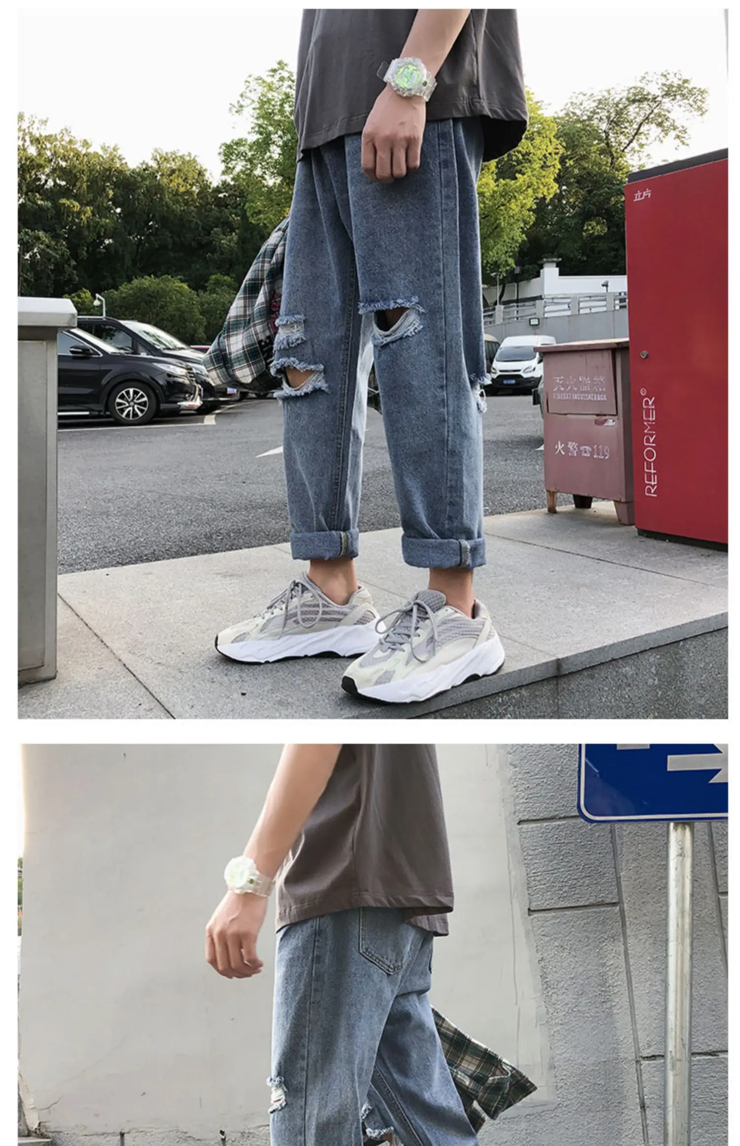 Description Picture 4 of item2024 Men Summer Fashion Korean Loose Straight Denim Pants Male Baggy Ripped Holes Jeans Mens Thin Ankle-length Trousers F196