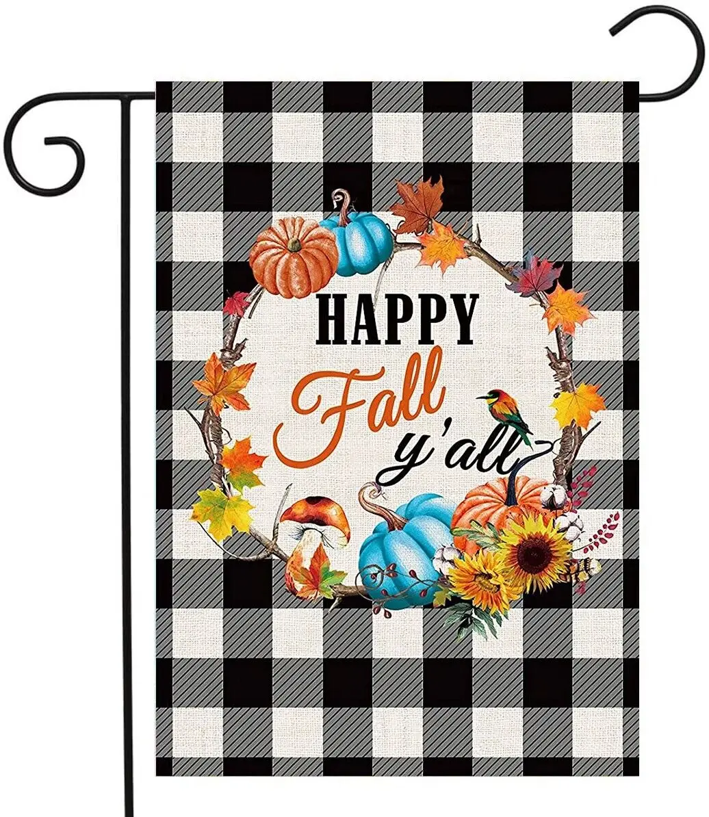 

Happy Fall Y'all Garden Flag 12x18 Vertical Double Sided Burlap Autumn Maple Leaves Pumpkin Outside Decor Yard Small Flag