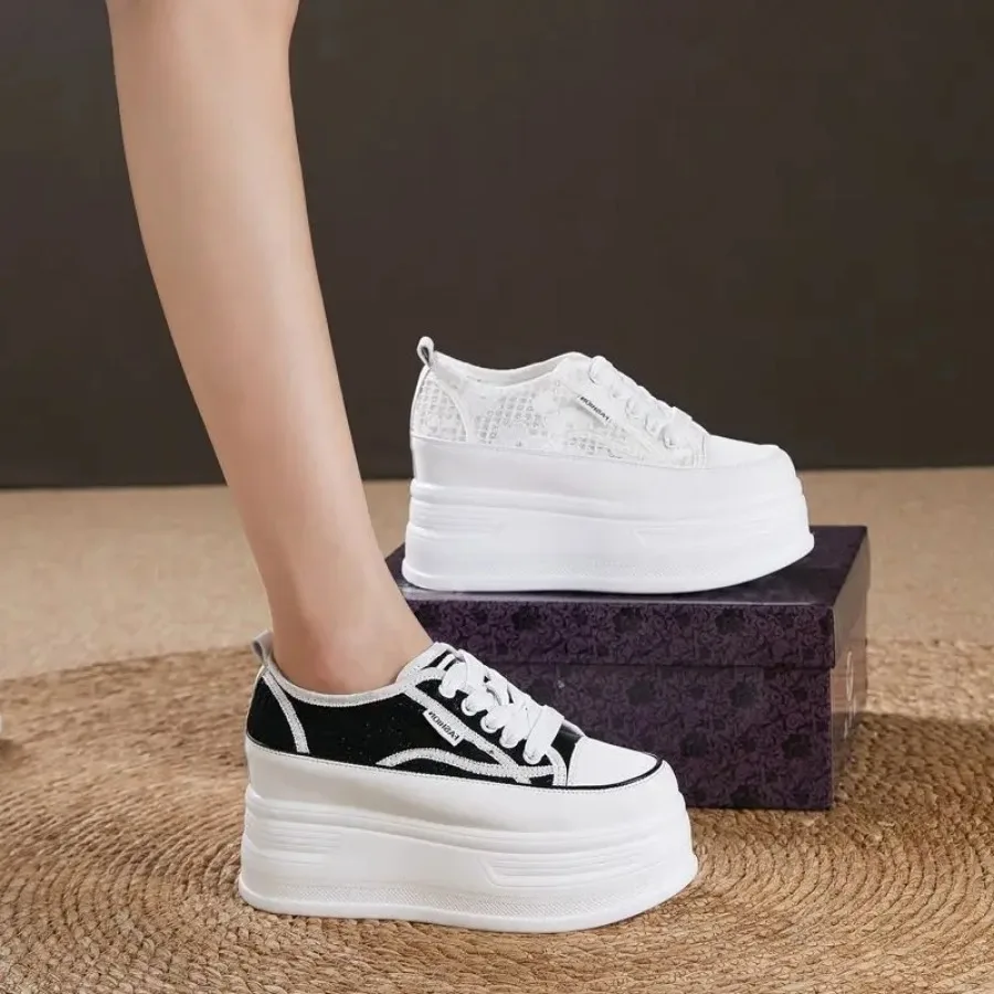 

Krasovki 10cm Sneakers Lace Up Platform Wedge Genuine Leather Mesh Slides Women Summer Shoes Platform Fashion Sandals Slippers