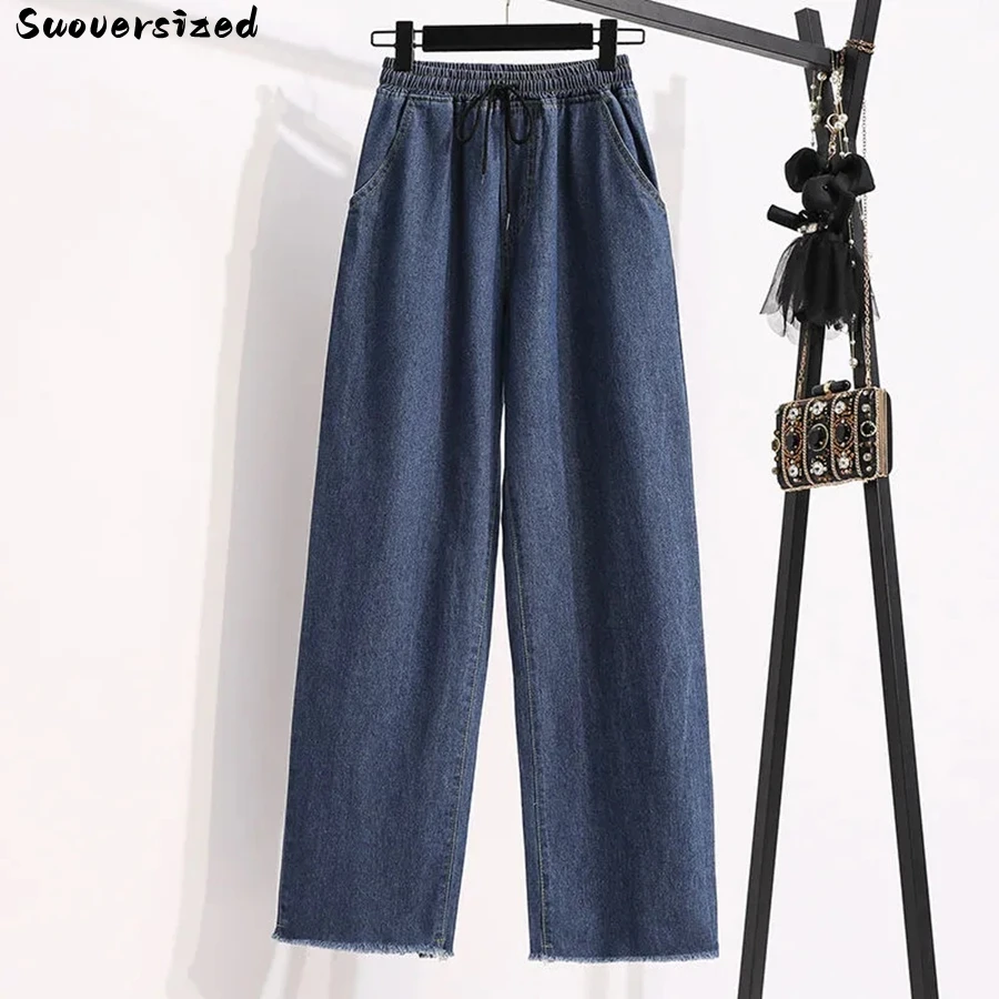 Elastic High Waist Ankle-Length Straight Jeans For Women Oversize 5xl Baggy Wide Leg Denim Pant Casual Vaquero Korean Pantalones new 2023 raw edge ripped jeans slimming skinny pencil pants straight nladies ankle length demin pants