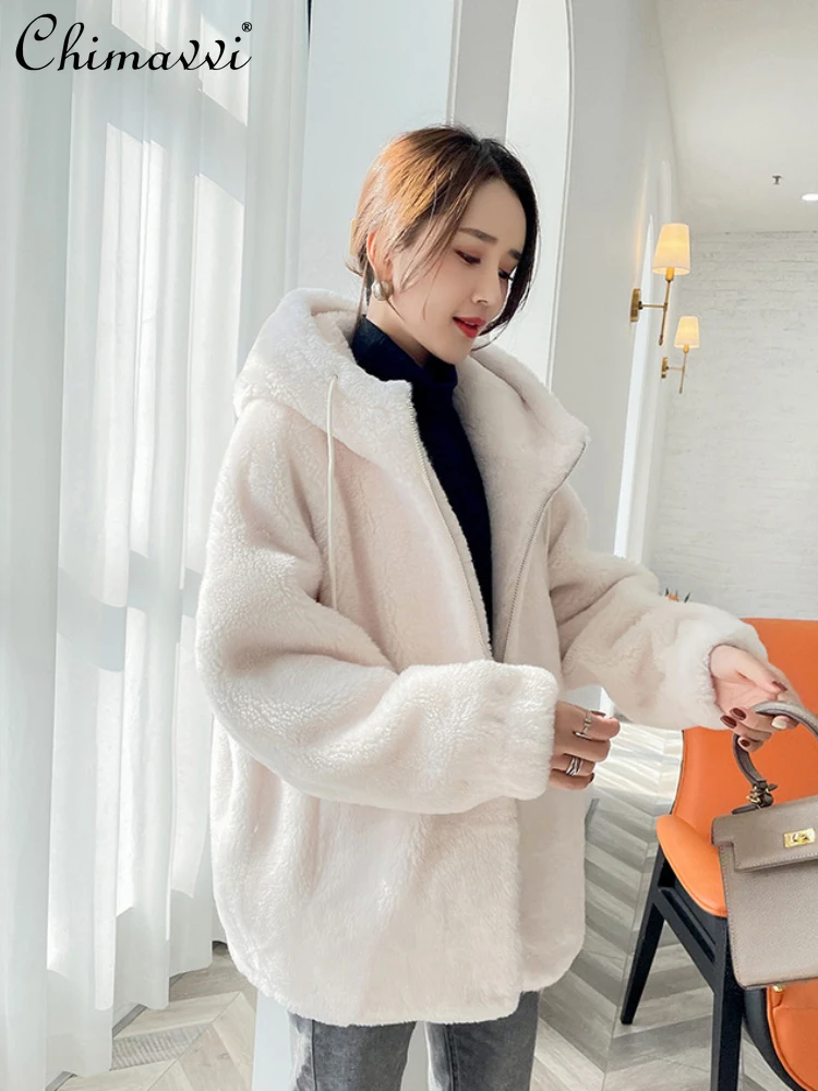 Fashion Hooded Fur One-Piece Women's Wool Coat 2023 Autumn Winter Commute Style Long Sleeve Hooded Collar Fur Mid-Length Coat