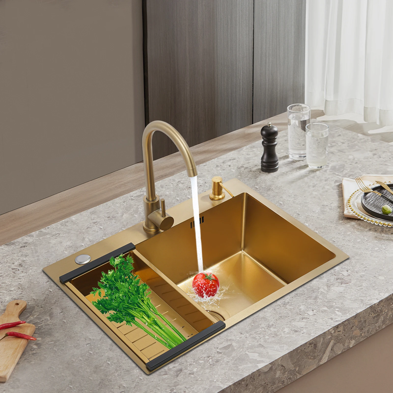 Gold Kitchen Sink,Rectangular Sink Single Bowl Sink with Draining Basket&Gold Soap Dispenser&Gold Faucet 60*45CM Gold Kitchen Sink,Rectangular Sink Single Bowl Sink with Draining Basket&Gold Soap Dispenser&Gold Faucet 60*45CM
