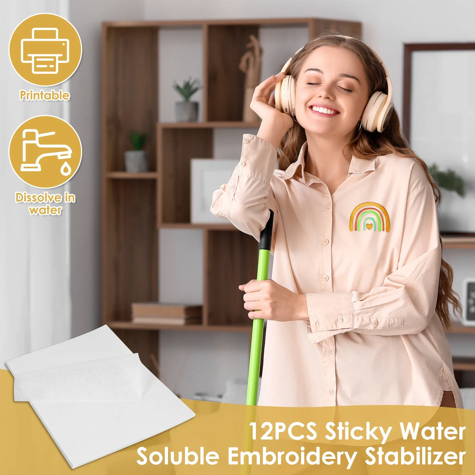 12Pcs Sticky Water Soluble Embroidery Stabilizer Printable Embroidery Backing Stabilizer Self-Adhesive Water Soluble Stabilizer