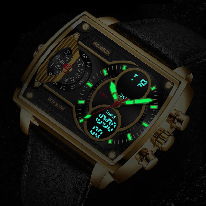 FOXBOX Mens Watches Top Brand Luxury Leather Strong Luminous Watch Men Fashion Analog Digital Quartz Watch For Men Reloje Hombre