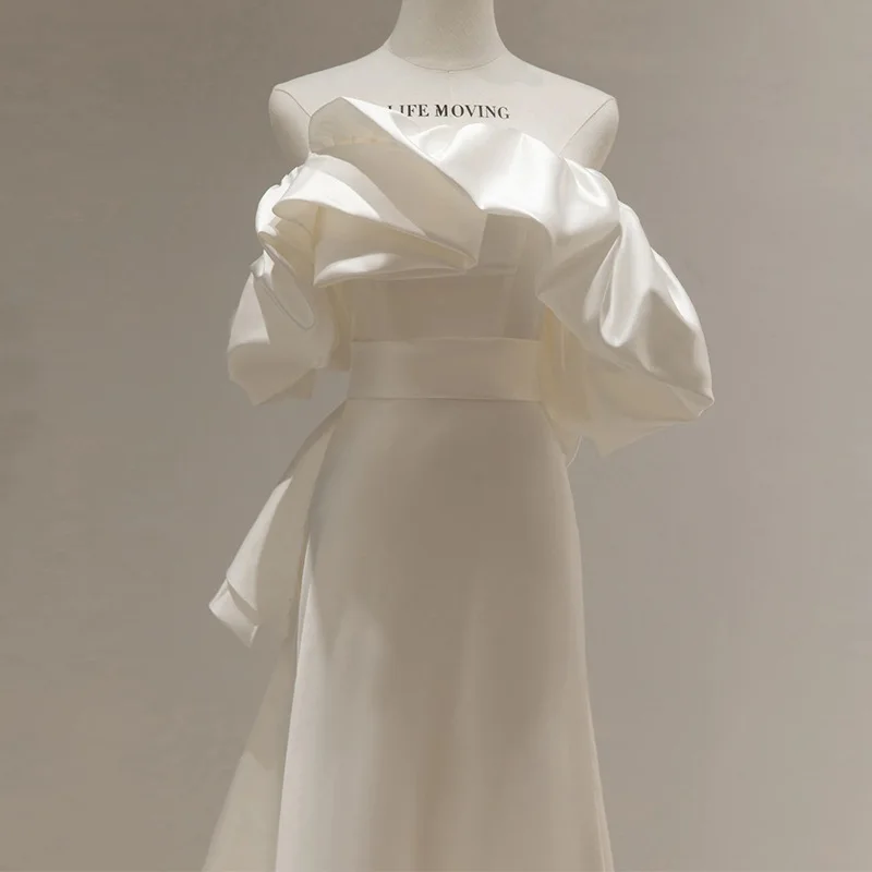 Feminino Francês Branco Cetim de Casamento Vestidos Maxi, elegante vestido longo para Noiva, Formatura, Noite, Convidado, Coquetel, Luxo