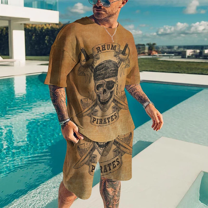 

Summer Men's Compass Map Oversized Sets Tracksuit 2 Piece 3D Printed Crew Neck Hip Hop Street Retro Short Sleeve Sport Suit Man