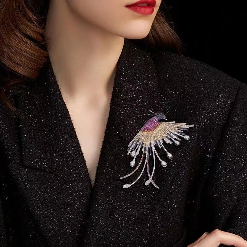Luxury Design Phoenix Cubic Zircon Brooches for Women Fashion Animal Bird Butterfly Corsage Big Pin Coat Accessories 2023 Gift