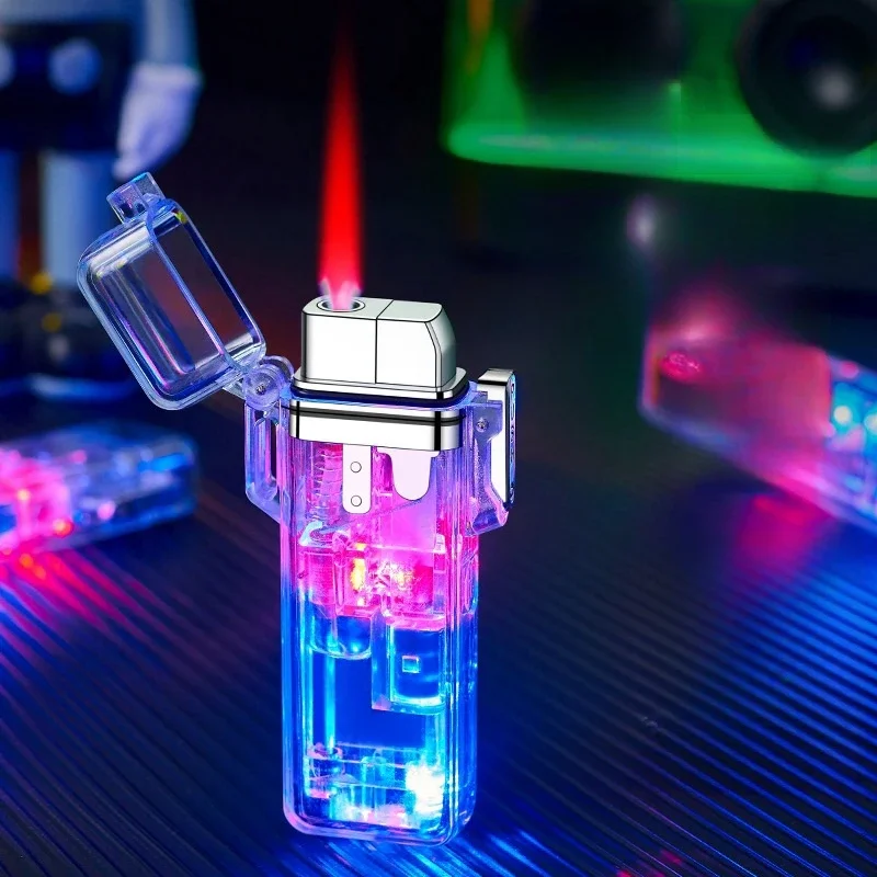 Metal Transparent Windproof and Waterproof Butane Lighter Red Flame Direct Charge Turbojet Lighter Outdoor Kitchen Men's Gift