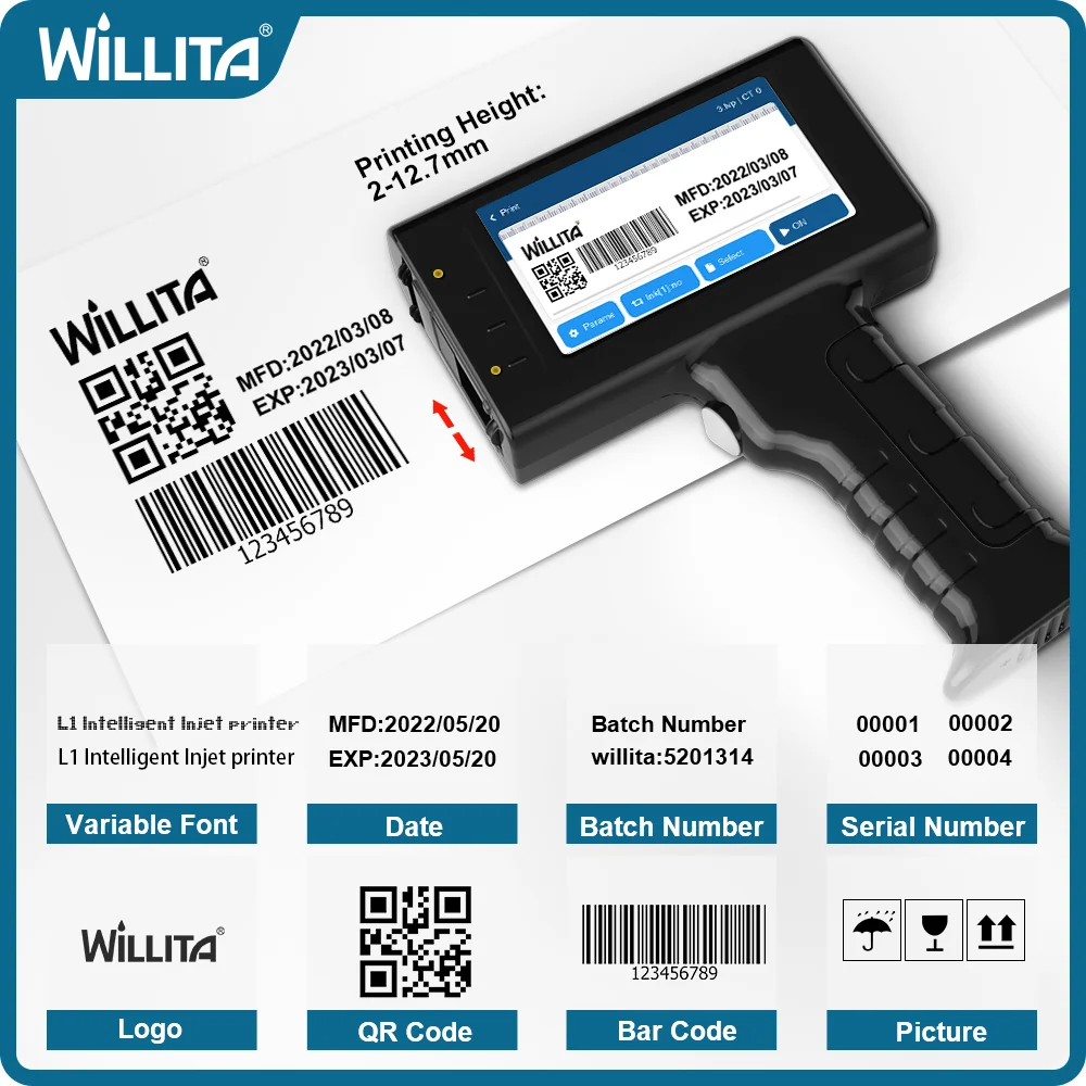 Imprimante à Jet D'encre Portable - Impression Date, Code-barres, QR, Logos Sur Divers Matériaux | 12.7mm Max, 28 Langues