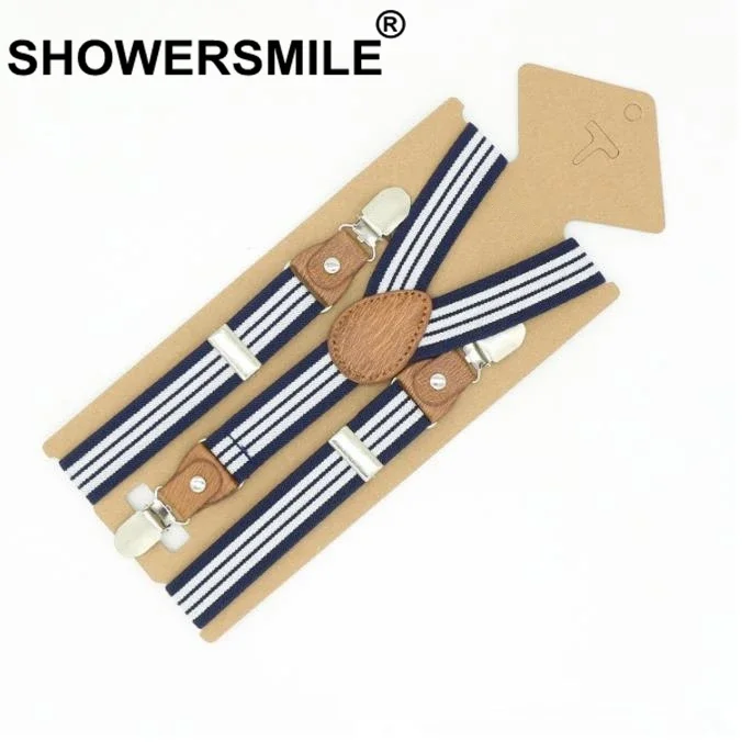 SHOWERSMILE Braces For Children Suspenders Strap Pink Stripe Leather Pants Strap Clips Tuxedo Suspensors For Boys Girls Tirantes