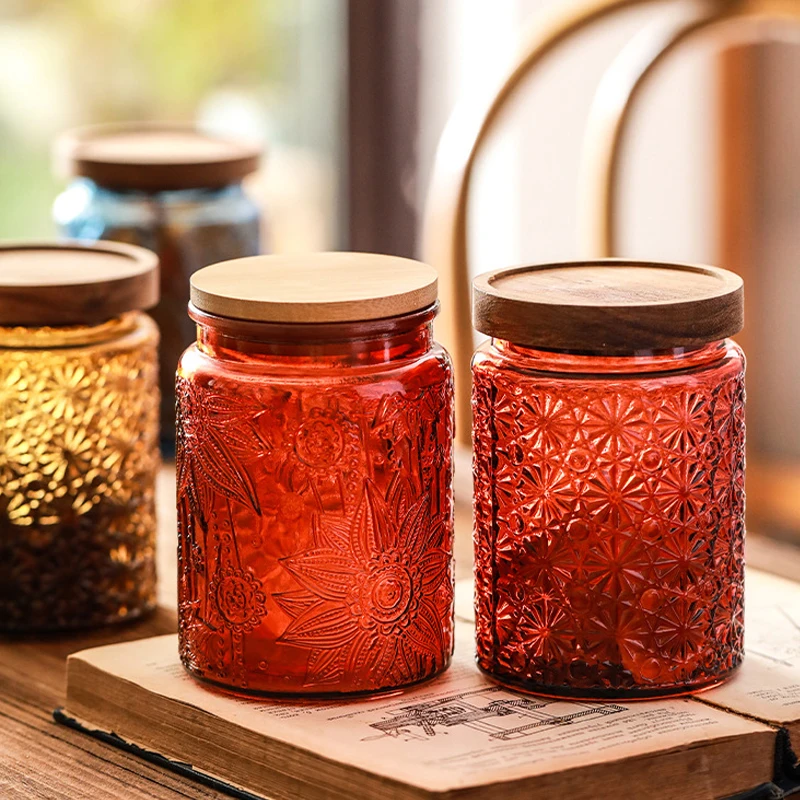 Color Retro Begonia Glass Storage Tank Household Kitchen Dried Tangerine Peel Miscellaneous Grains Sealed Jar Storage Tank 4
