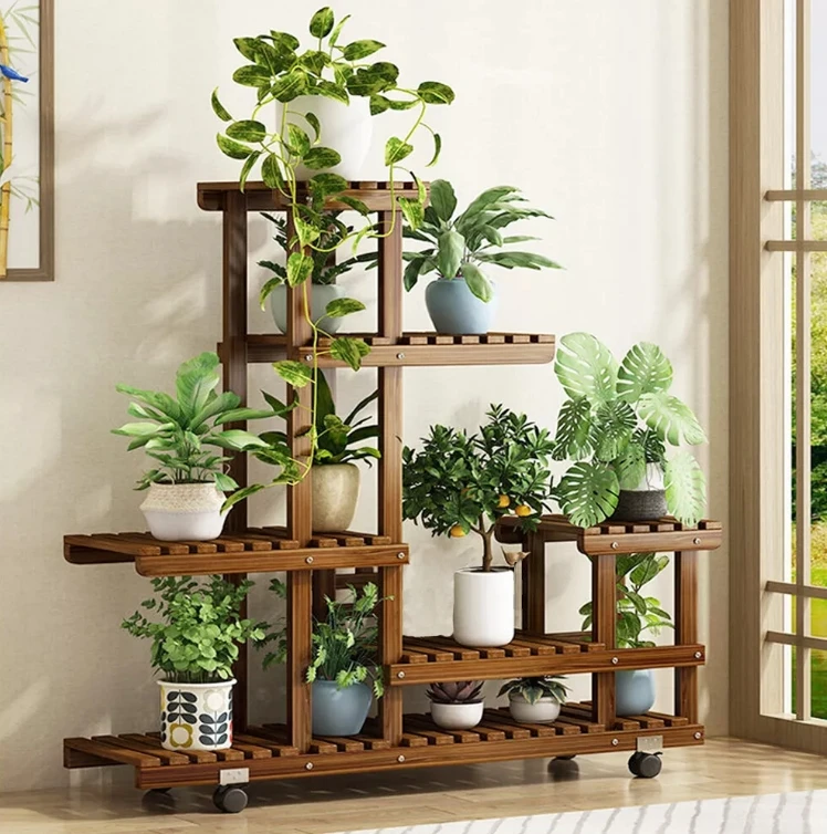 

6 Tier Wood Plant Stand Vertical Carbonized Multiple Holder Indoor Outdoor Patio