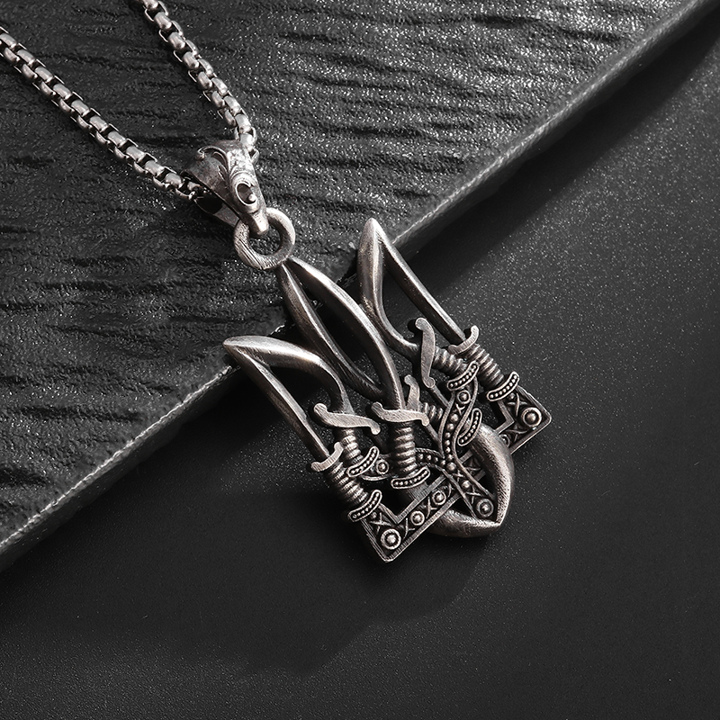 Retro Punk Neptune Poseidon Trident Necklace Ukraine National Emblem Pendant Men\\\\'s Amulet Good Luck Fashion Jewelry