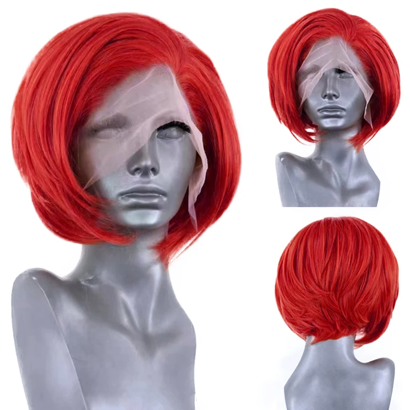 Hot Red Bob Wig for Women Girls Heat Resistant Synthetic Lace Front Wig Orange Short Bob Wigs Daily Use Cosplay Green AIMEYA