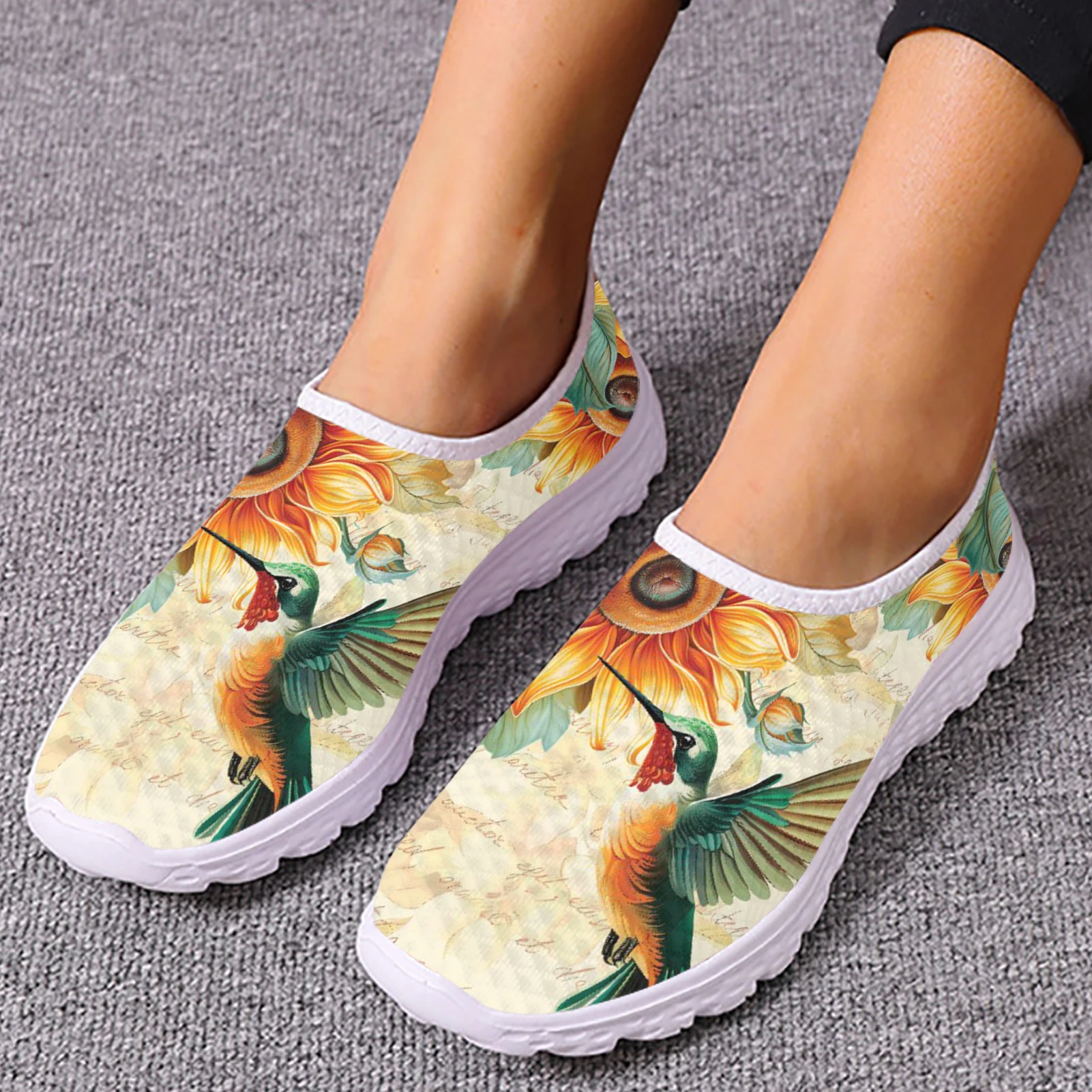 

INSTANTARTS Hummingbird Comfortable Breathable Slip On Shoes For Women Sunflower Print Loafers Bird Design Flats Zapatos Mujer