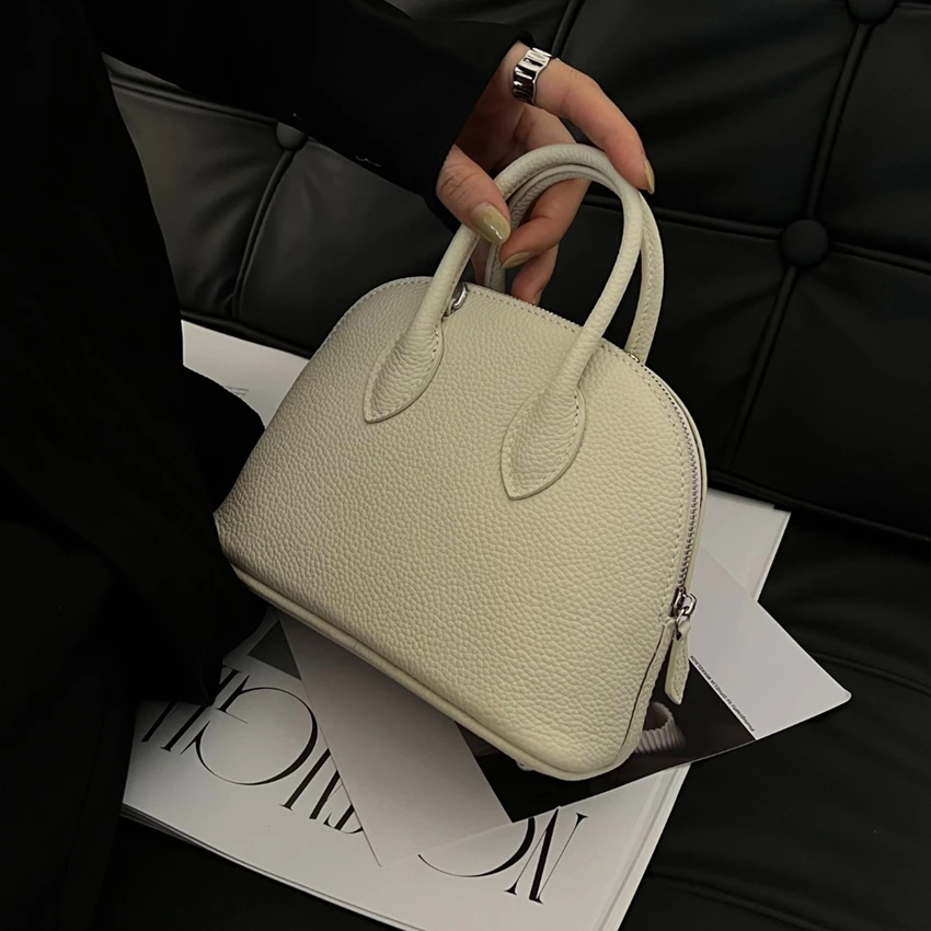 Pink Fashion Cute Simple Shell Bag Genuine Leather BagHandbag For Women Real Cowhide Leather Bowling Bag Shoulder Crossbody Bag - Image 3