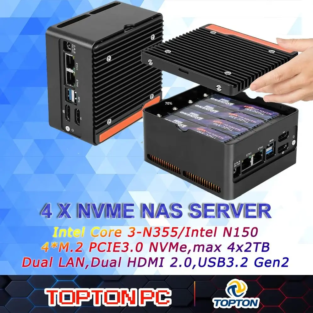 TOPTON P5-4M N355/N150 NAS Mini PC 4xM.2 NVMe DDR5 Dual 10Gbps