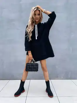 Autunno e inverno nuovo temperamento alla moda da donna casual tinta unita con cappuccio abito da donna con cappuccio medio-lungo 1