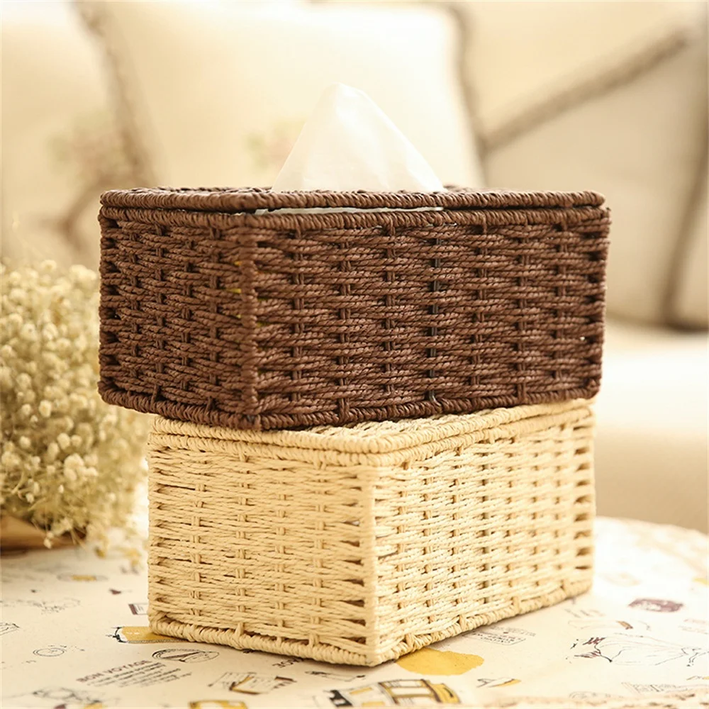 

Rattan Tissue Box Vintage Napkin Holder Case Clutter Storage Container Cover Living Room Desk Decoration
