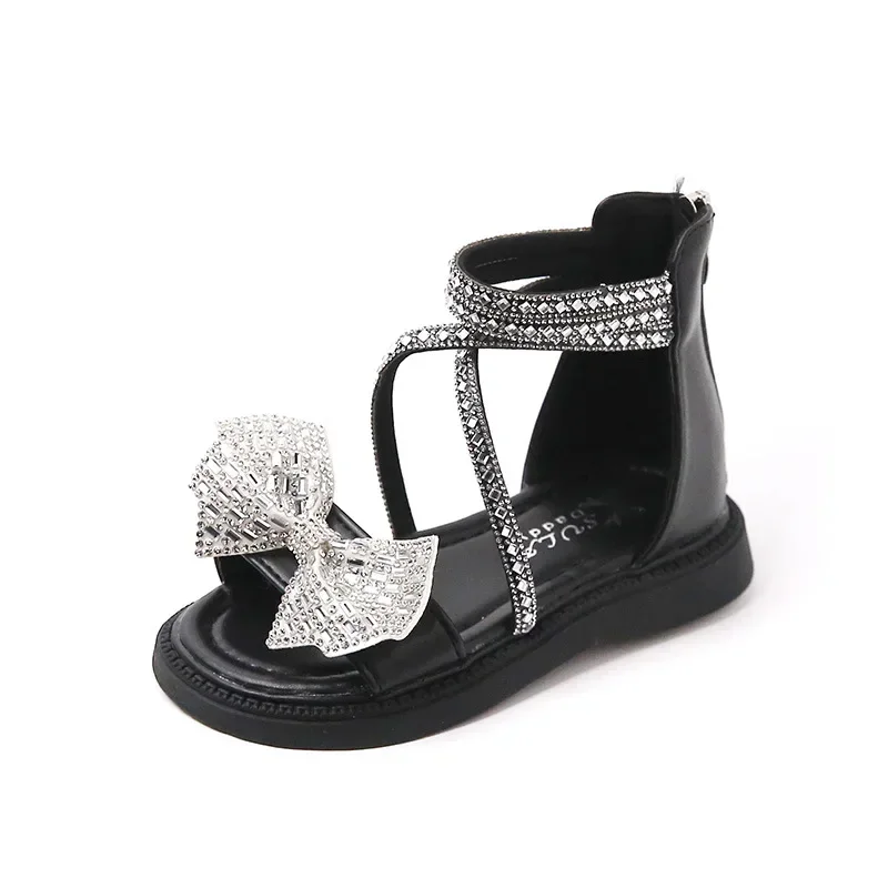 Girls Bowtie Gladiator Sandals Summer Rhinestone Strap Kids Sandal Open-toe Fashion Children Causal Thick Bottom Roman Sandals 5