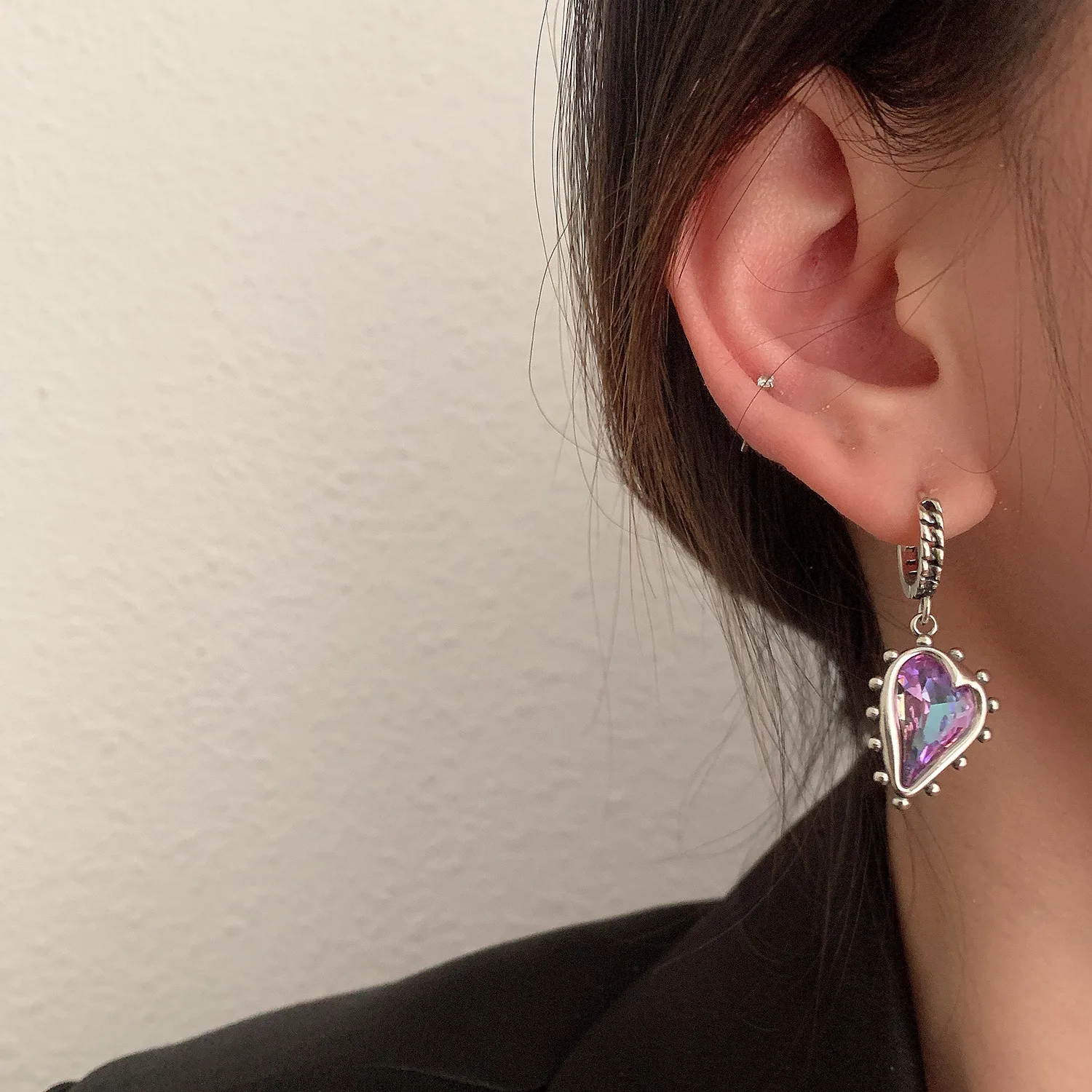 Unique Design Vintage Asymmetry Love Heart Purple Crystal 925 