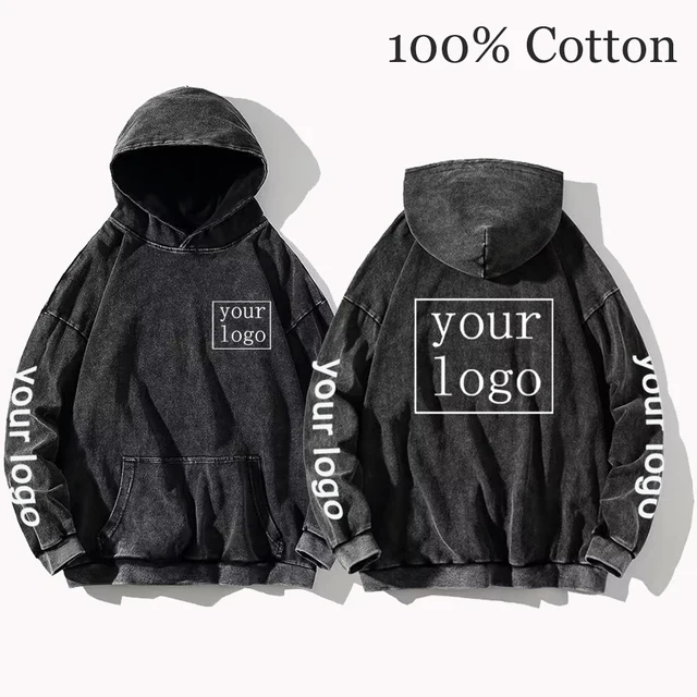 Custom Logo & Picture Print Hoodie for Men & Women | Vintage Wash Cotton Sweatshirt | DIY Y2K Style Loose-Fit Casual Pullover