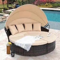 Outdoor Terrace Circular Sofa Bed with Retractable Canopy, Brown Wicker Furniture Combination Sofa with Washable Cushion 1